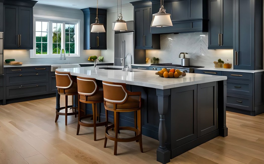 Professional contractor installing new wooden cabinetry and tile backsplash during a home kitchen renovation project.